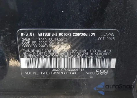 2016 Mitsubishi Lancer Es z USA, uszkodzony, nr VIN JA32U2FU9GU001345